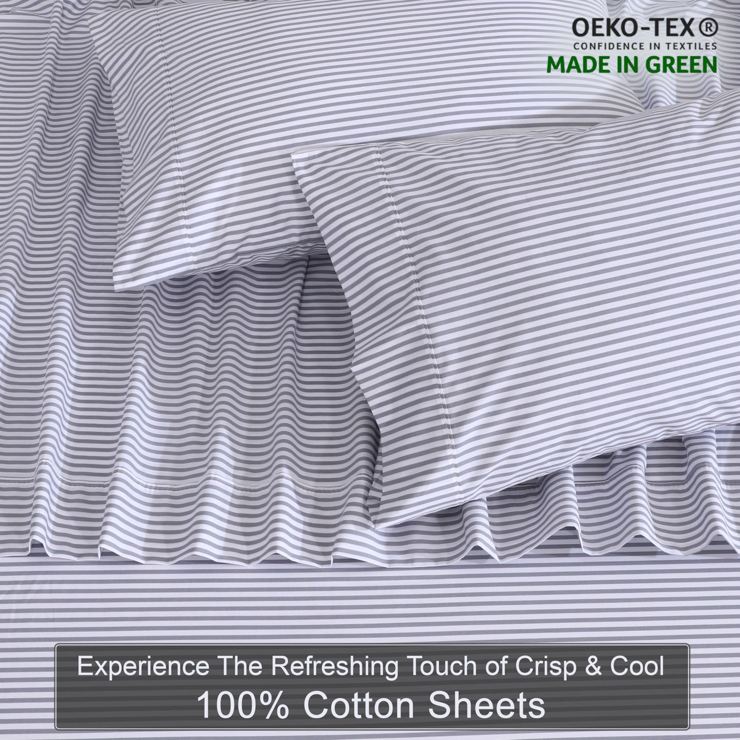 ZOYER 100% Cotton Sheets – Full Size Percale Bedding, Cooling & Breathable, Durable with a Crisp, Soft & Comfortable Feel, 16" Deep Pocket, 4-Piece Set, Grey Stripe