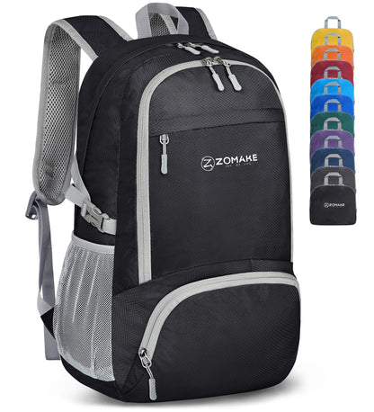 ZOMAKE Lightweight Foldable Backpack, Packable Rucksack 30L Folding Small Back Pack Foldaway Ultralight Daypack for Women Men Travel Hiking Walking (Black)