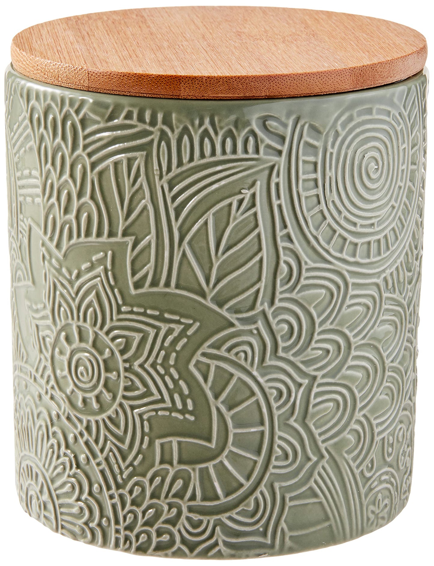 American Atelier 1182486-RB Embossed Canister 4-Piece Ceramic Set Jar Container with Wooden Lids for Cookies, Candy, Coffee, Flour, Sugar, Rice, Pasta, Cereal & More Sage