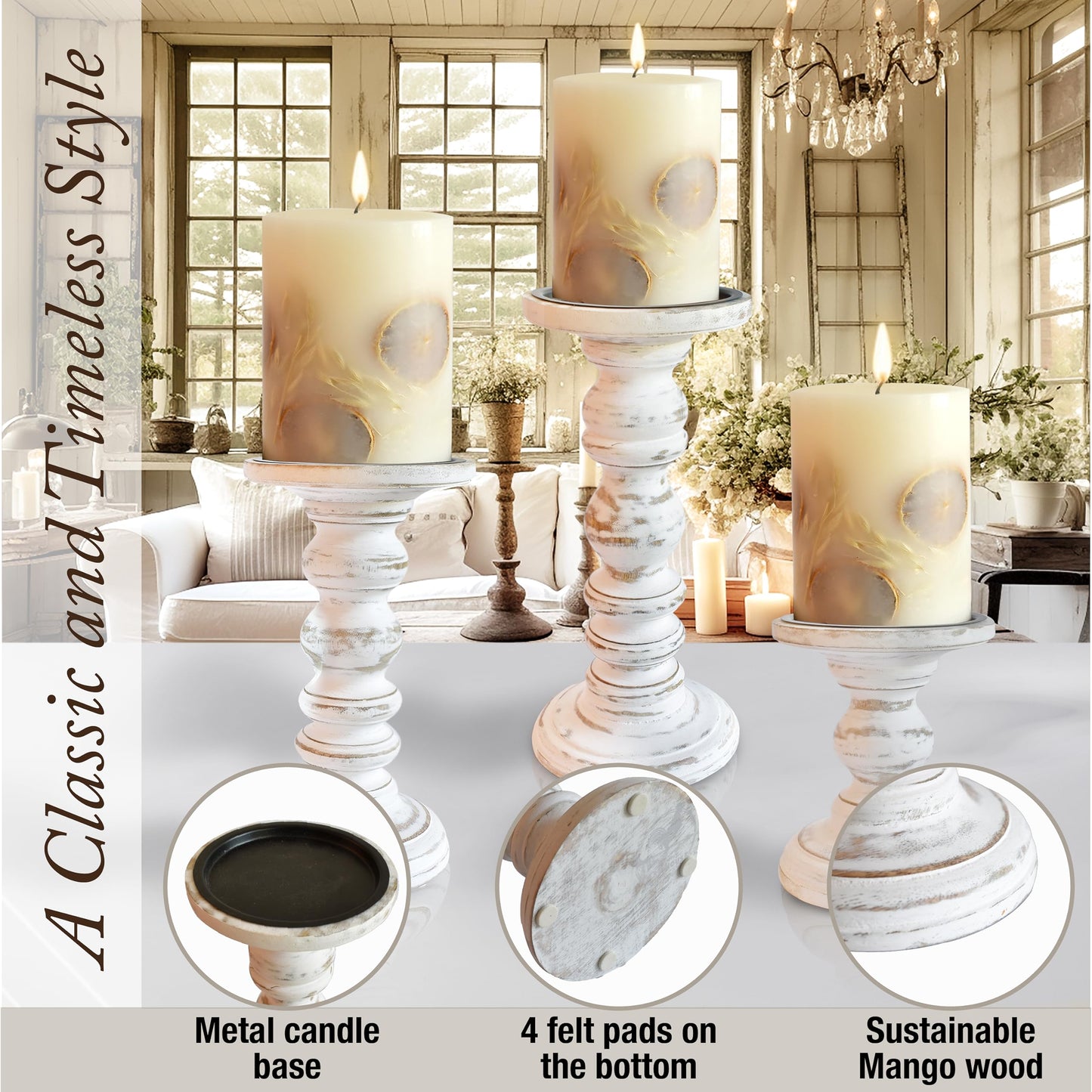 Large Candle Holders for Pillar Candles (3 Piece Set) Tall Rustic Wood Farmhouse Pillar Candlestick Stands - Fits 4 inch inch Wide Pillar Candles - Modern Candle Holder Decor (Antique White)