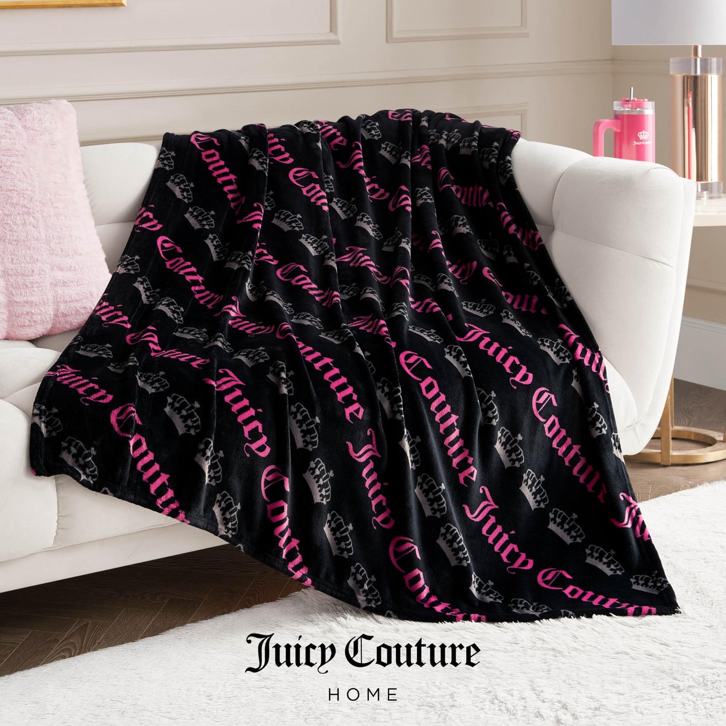Juicy Couture Diagonal Juicy Crown Stripes Plush 50" x 70" Throw Blanket, Black