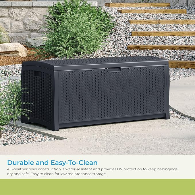 Suncast Outdoor Storage Box - 73 Gallon Cyberspace Resin Wicker Deck Box with Lockable Lid, Outdoor Storage Bin for Patio Cushions, Shoes, Pool & Garden Gear, Made in USA