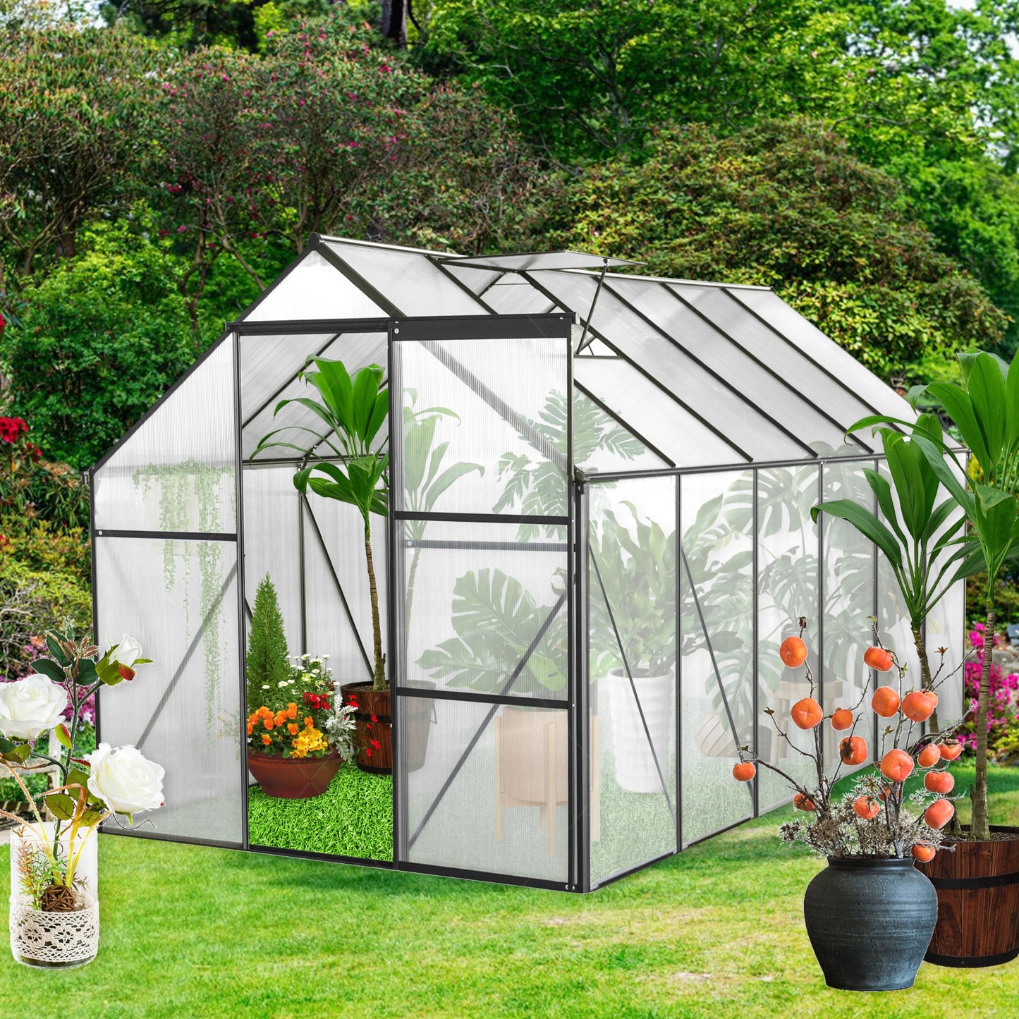 KEIKI 6x12 FT Polycarbonate Greenhouse with Aluminum Frame,Raised Base and Roof Vent,Walk-in Greenhouses for Patio Garden