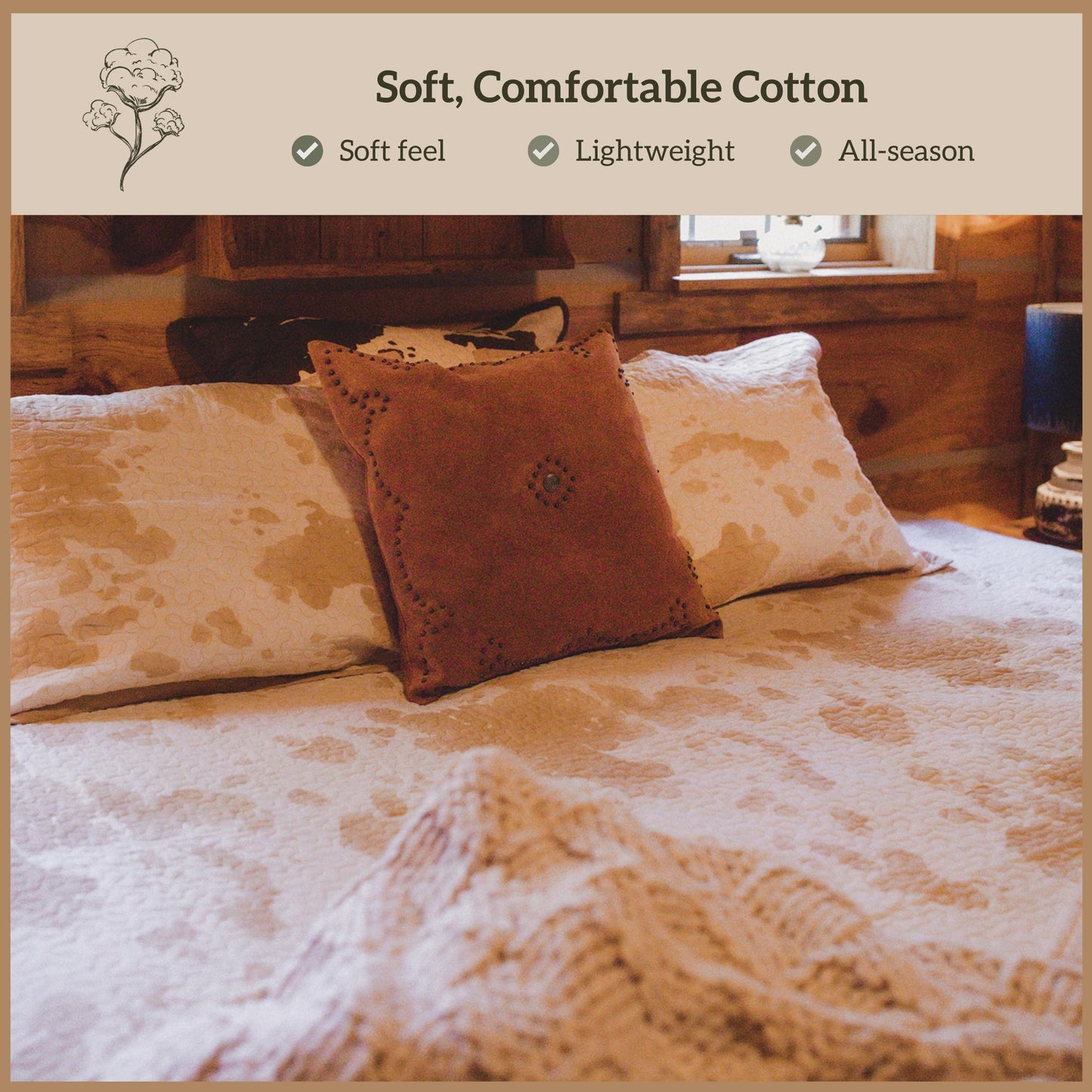 Paseo Road Elsa Queen Cotton Quilt Set, 3 Piece Western Bedding Set with Pillow Shams, Light Tan Cow Print Reversible Quilt, Soft Cozy Rustic Farmhouse Bedding, Lightweight Quilt, Southwestern Bedding