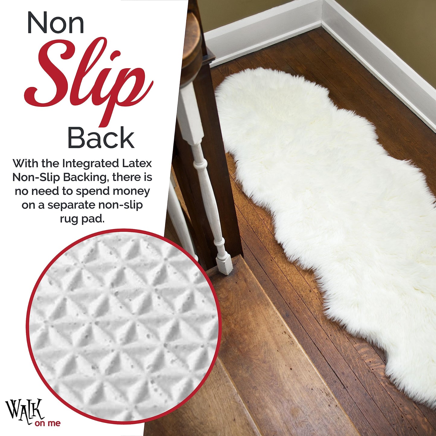 Walk on Me White Double Pelt Faux Fur Sheepskin Rug: Ultra Soft, Super Thick, Fluffy 2x6 Feet, Living Room, Bedroom, Office, Synthetic, Latex, Non-Slip