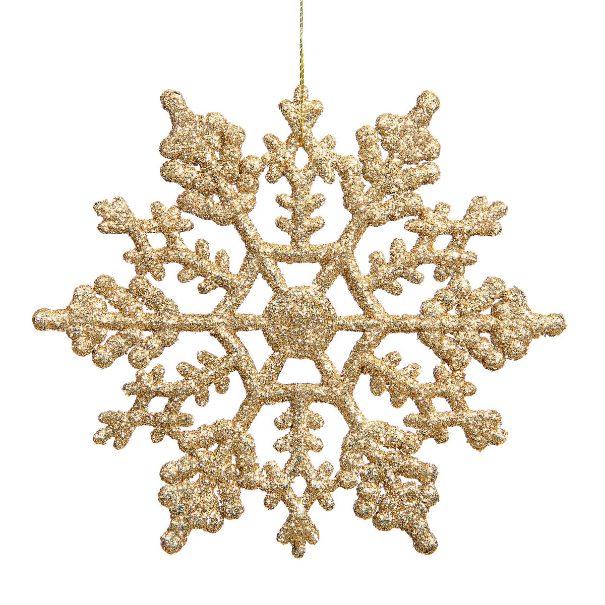 Vickerman 4" Gold Glitter Snowflake Ornament Set - Sparkly Shatterproof Snowflakes with Matching Glitter Accents and Nylon Hanging String (24 Snowflakes per Box)