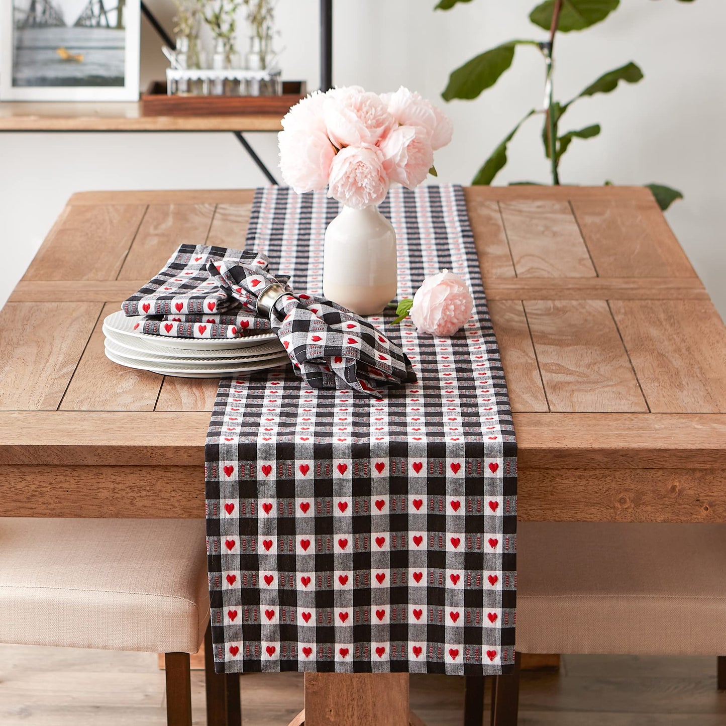 DII Valentine's Day Collection, Napkin Set, 20x20, Dobby Hearts Check