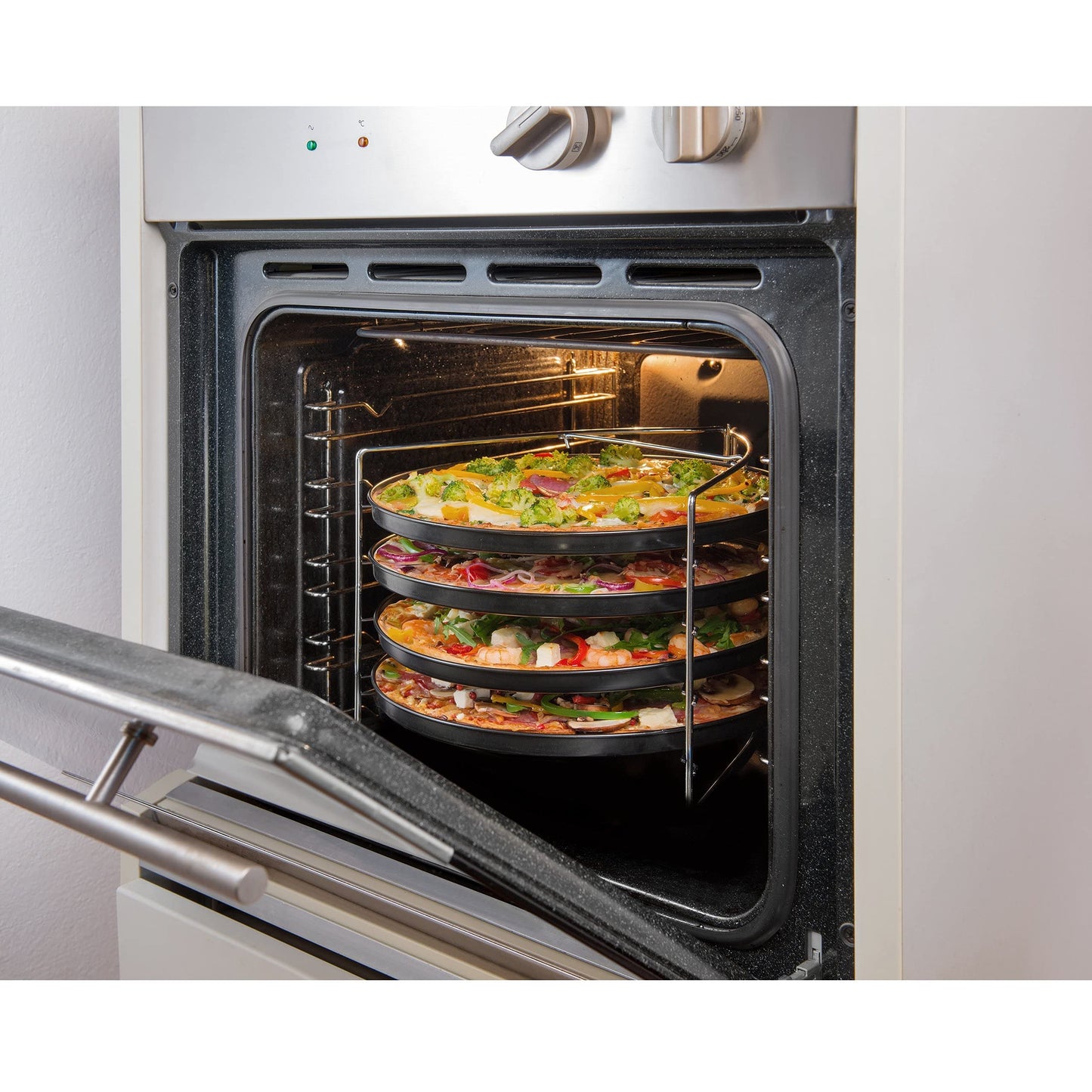Grizzly Pizza Baking Set, 5-Piece Set, with Lockable Stand and 4X Pizza Tray Round 28 cm, Pizza Rack for Oven, Bake 4 Pizzas at The Same time