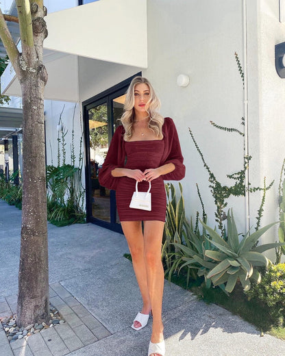Ofenbuy Women's Mesh Long Sleeve Dress Square Neck Ruched Mini Bodycon Dress Stretch Party Cocktail Dresses Wine Red
