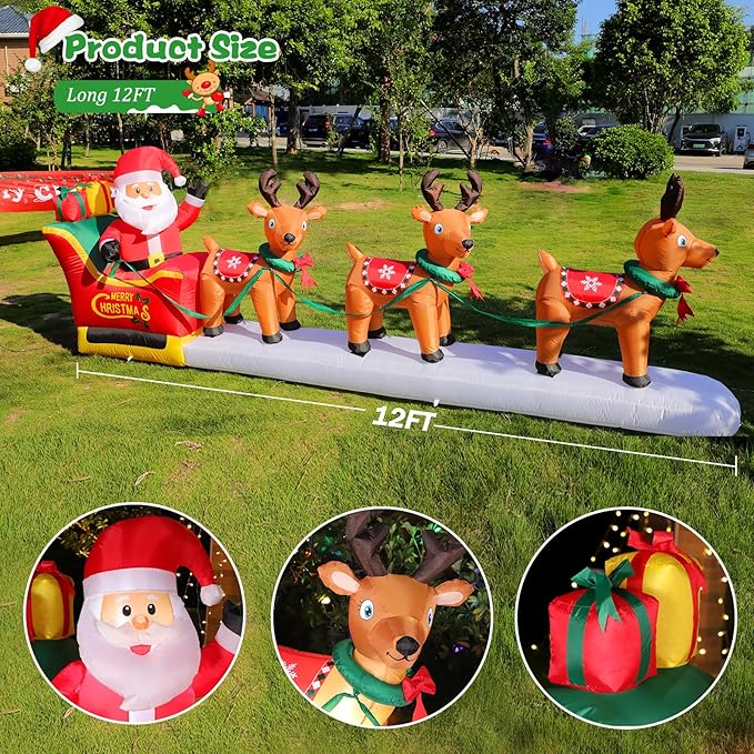 FunFanso 12FT Christmas Inflatables Santa Claus on Sleigh Outdoor Decorations, Blow Up 3 Reindeers Pulling Santa's Sleigh with Gift Boxes, Built-in LED Lights for Xmas Party Decor Yard Garden Lawn