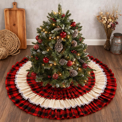 yuboo Burlap Buffalo Plaid Christmas Tree Skirt 48 inches, Red Farmhouse 6-Layer Ruffle Tree Skit with Lace Border for 5-7 FT Trees, Fall Thanksgiving Christmas Decorations