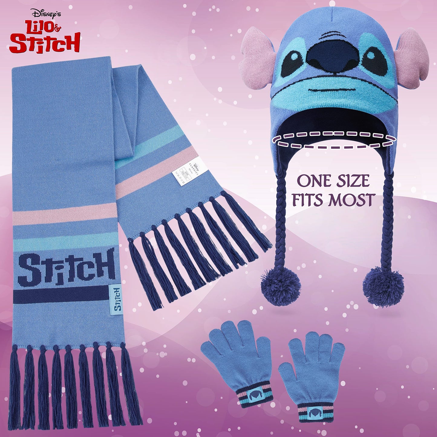 Disney Stitch Girls Beanie Scarf Teenagers Kids Gloves Winter Accessories School Travel Stitch Gifts, Choose from Sets (Blue Stitch 3 Pcs)