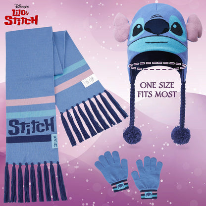 Disney Stitch Girls Beanie Scarf Teenagers Kids Gloves Winter Accessories School Travel Stitch Gifts, Choose from Sets (Blue Stitch 3 Pcs)