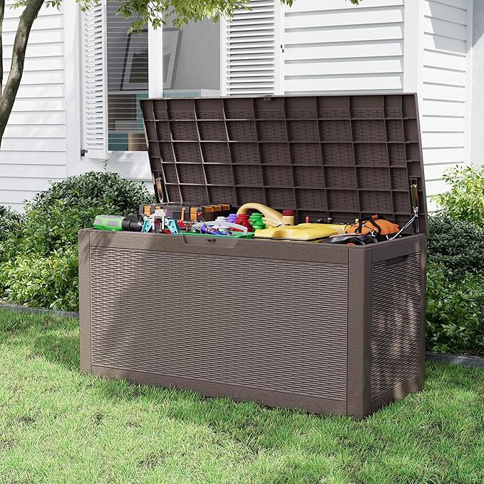 Outdoor Storage Box, Resin Deck Boxes Indoor and outdoor, Waterproof Storage Box Lockable Lid (Grey, 110 Gallon)