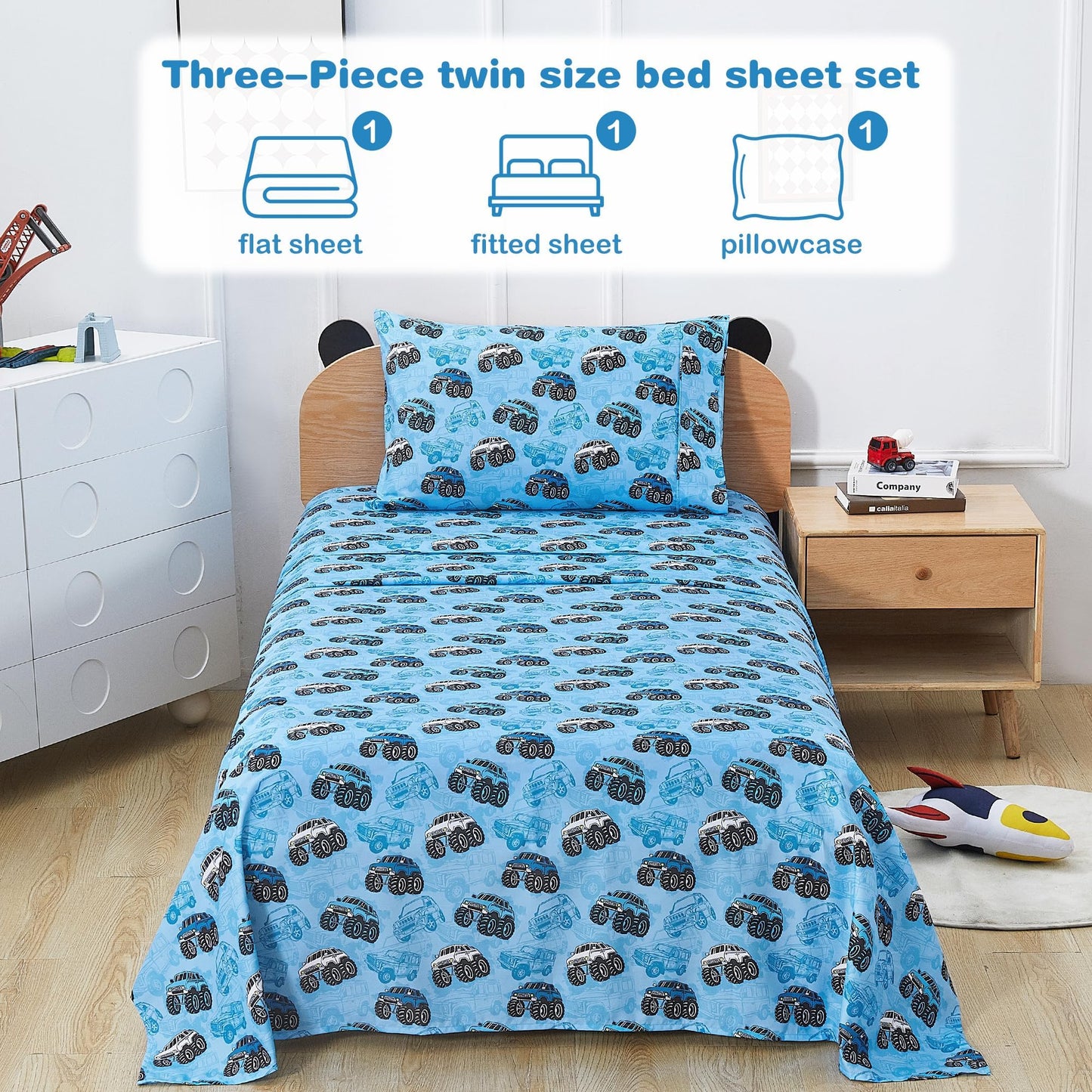 Softan Kids Bed Sheet Set, Boys Twin Size Sheets, Microfiber Kids Fitted Sheet and Pillowcase, Breathable and Silky Soft, 3 Piece Jeep Trucks Printed Twin Bed Sheet