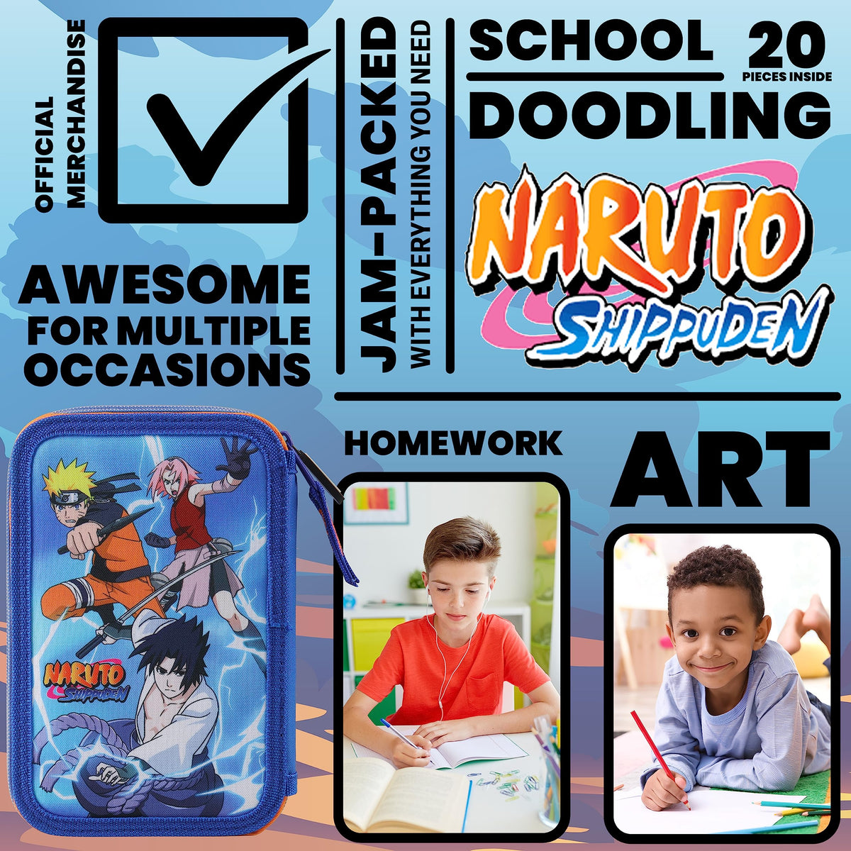 Naruto Pencil Case with Stationery Included School Supplies Filled Large Pencil Case 2 Compartments Colouring Pencils Mini Notebook Boys Stationery Set Anime Gifts for Boys