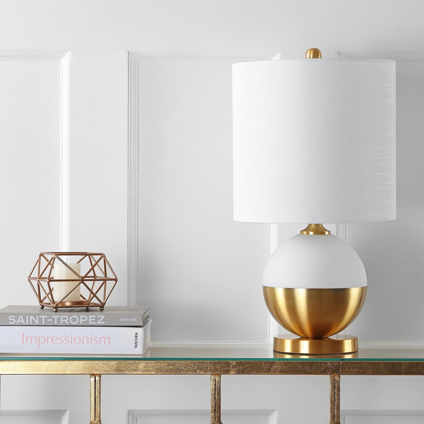 JONATHAN Y 23.5" White and Brass Gold Ceramic Table Lamp, Modern Glam Nightstand Lamp for Bedroom Living Room, White Linen Drum Shade, LED Bulb Included JYL5005A