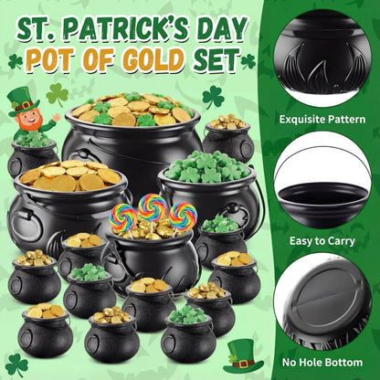 Threehoney 16 in 1 St. Patrick's Day Cauldron 12.8 9.8 7.6 5.7 2.7 Large Witch Leprechaun Pot for Irish Party Decoration Plastic Cauldron with Portable Carrying Handle Black Candy Pot Indoor Outdoor