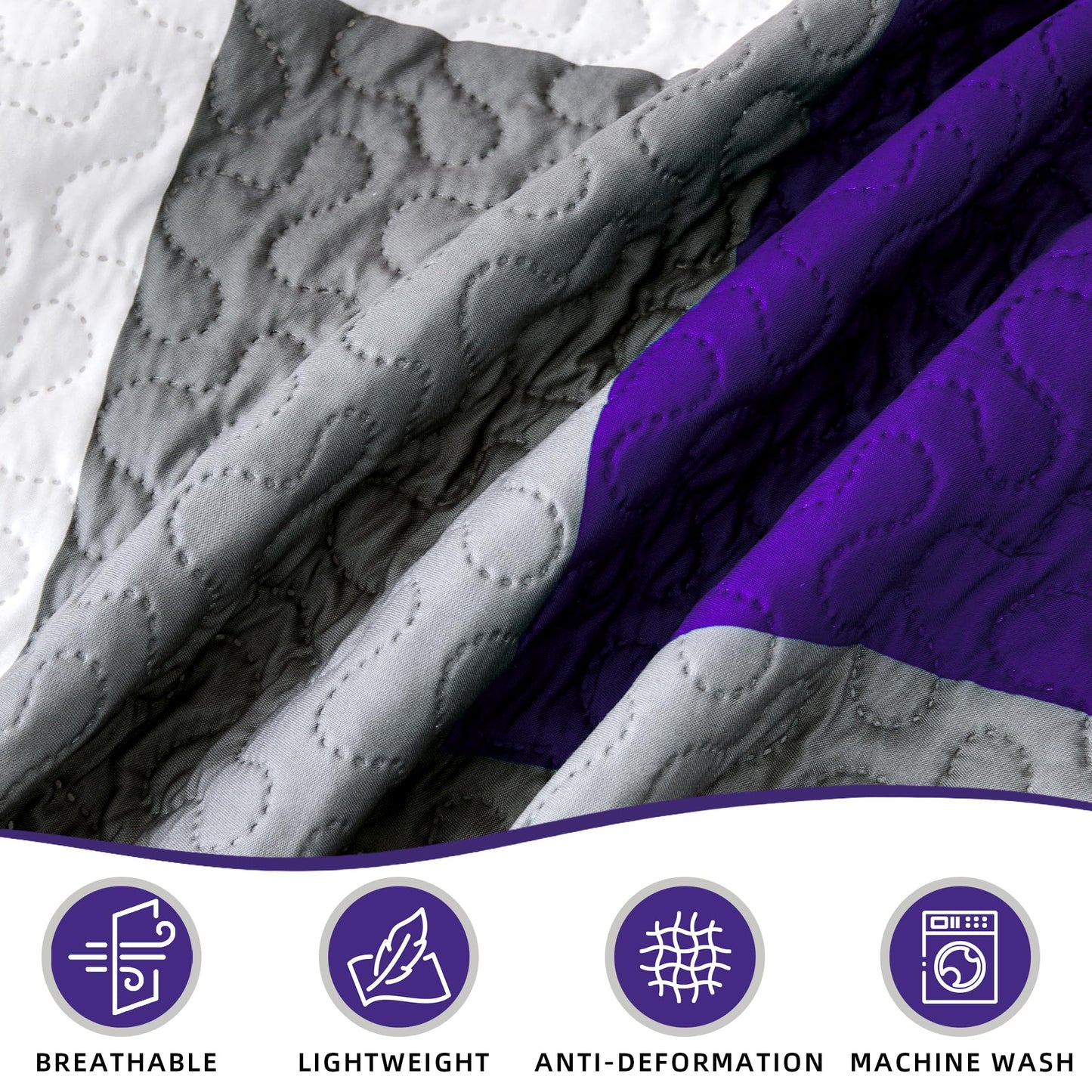 Tyrot 3 Piece Dark Purple Grey Quilt Set Full/Queen Size Black White Geometric Reversible Bedding Set Microfiber Lightweight Bedspread Coverlet with 2 Shams Modern Bed Covers for All Season, 90''x96''