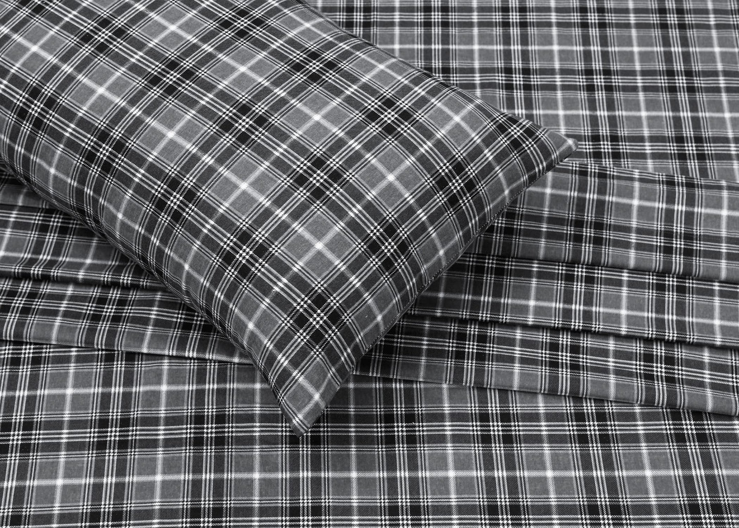 RUVANTI Flannel Sheets Queen Size - 100% Cotton Double Brushed Bed Sheets, Deep Pockets 16 Inches Queen Sheet Set, All Seasons Breathable & Extra Soft - Warm & Cozy, 4 Piece, Grey Plaid