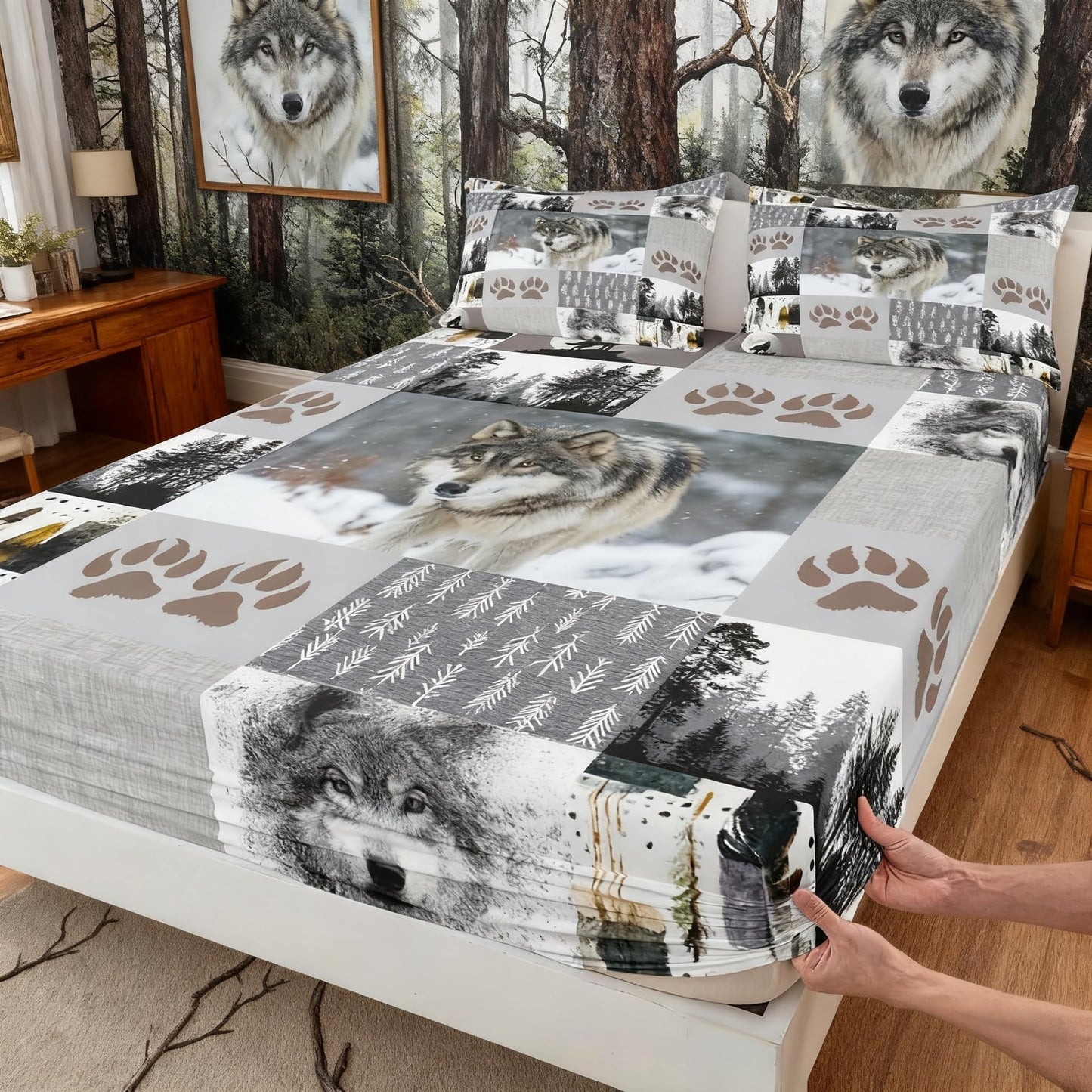 Manfei Wolf Kids Fitted Sheet Queen Size,Wolf Paws Print Pine Trees Wild Adventure Bedding Set,Boys Girls Adults Room Decor,Geometric Plaids Patchwork Bed Cover,Rustic Bed Sheet,2 Pillowcases