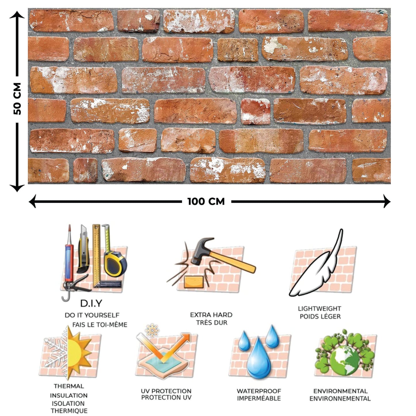 Dundee Deco 3D Wall Panels Faux Brick - Cladding, Red Orange Stone Look Wall Paneling, Styrofoam Facing for Living Room, Kitchen, Bathroom, Balcony, Bedroom, Set of 5, Covers 27 sq ft