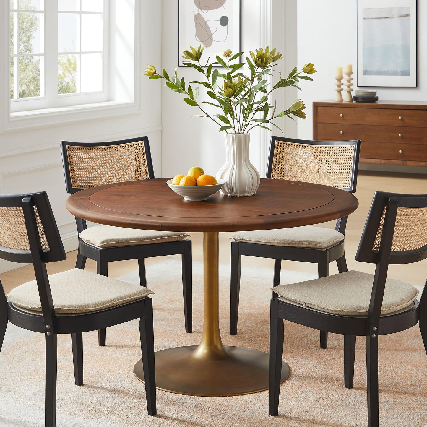 Modway Lippa 48 Inch Round Wood Dining Table with Metal Pedestal in Brass Walnut - Modern Industrial Dining Table for 4 People - Solid Wood Tulip Kitchen Table