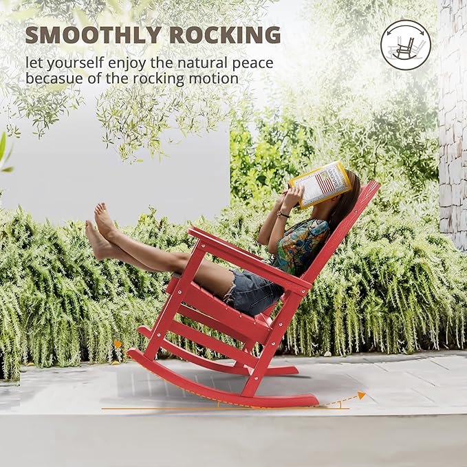 LUE BONA Outdoor Rocking Chairs Set of 4, HDPS Porch Rocker with High Back, Plastic Weather Resistant Rocking Chairs for Outdoor Indoor, Garden, Backyard, 350lb, Bright Red