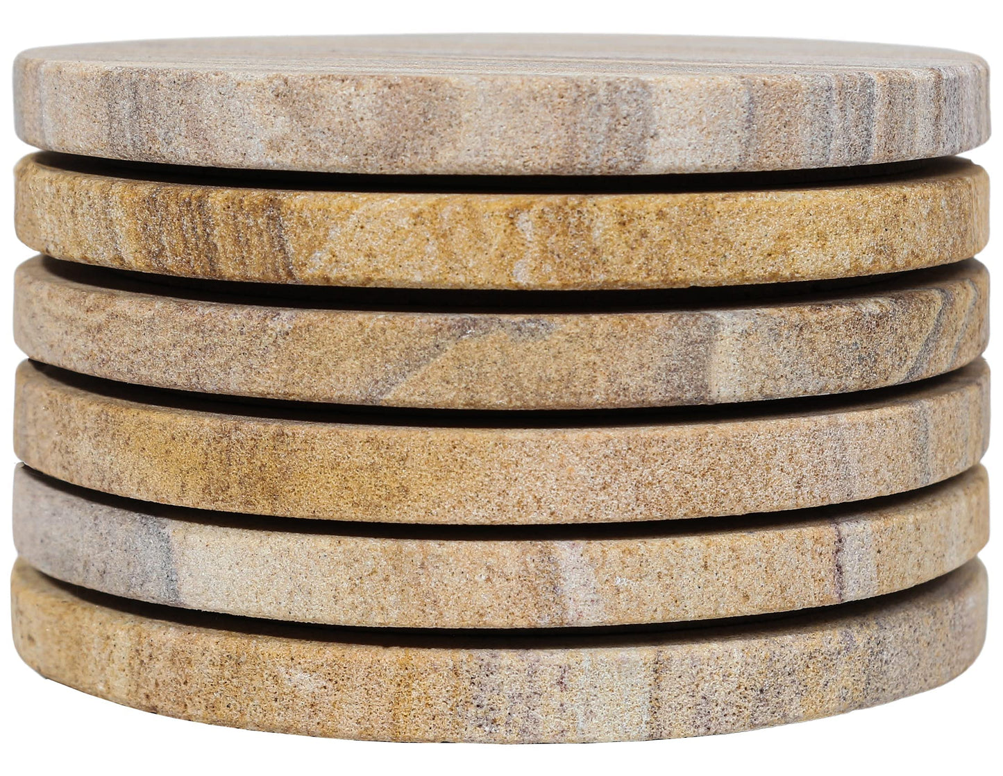 Marbco Sandstone Water Absorbent Hand Crafted Round Coasters for Drinks - 4 Inches Wide Thirsty Stone Bar/Drink Coasters- Made from Rainbow Sandstone (Set of 6 Without Holder)