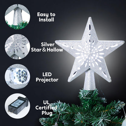 Joiedomi Christmas Silver Star Tree Topper Lighted with Projector, Built-in LED Rotating Lights, 3D Glitter Xmas Decorations for Party Holiday Indoor Decor