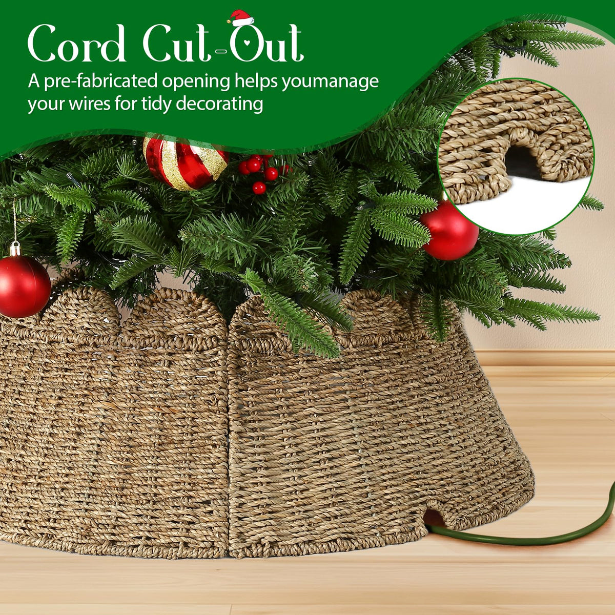 Joyhalo Christmas Tree Collar, 27.5in Wicker Tree Skirt Collar for 7.5 ft Tree, Rustic Handcrafted Woven Tree Collar for Pencil Tree, Xmas Basket Tree Collar, Farmhouse Rattan Tree Base Collar Cover