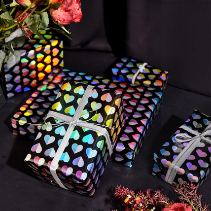LUVONA Rainbow Heart Wrapping Paper – Black Kraft, Mini Roll 17 inch x 33 feet – Colorful Foil Gift Wrap for Valentine’s, Wedding, Birthday