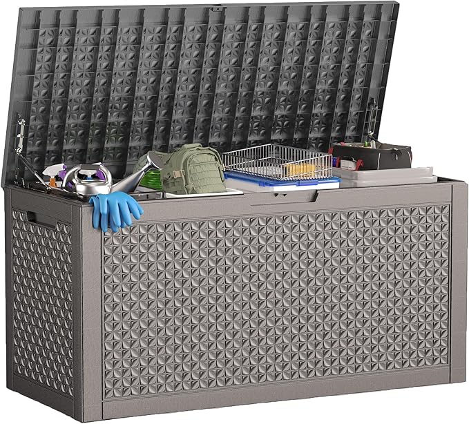 ROJIK Outdoor Storage Housing Deck Box - Waterproof Patio Furniture, Garden Tools, Cushions, Pool Accessories Storage Bench with Lockable Lid and Side Handles (Grey,125 Gal)
