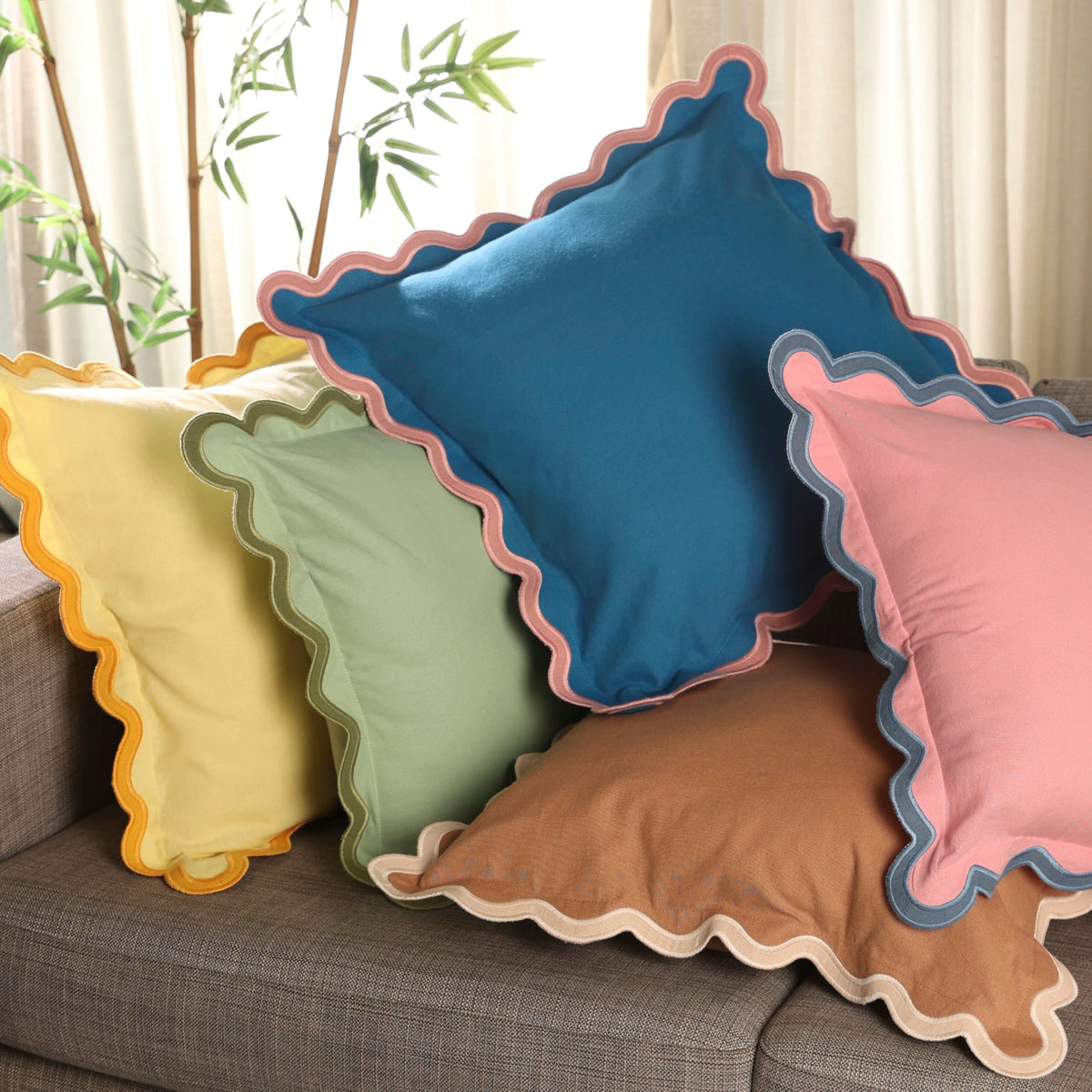 Folkulture 18x18 Scallop Pillow Covers, Set of 2 Cotton Decorative Boho Throw Pillows for Living Room & Outdoor