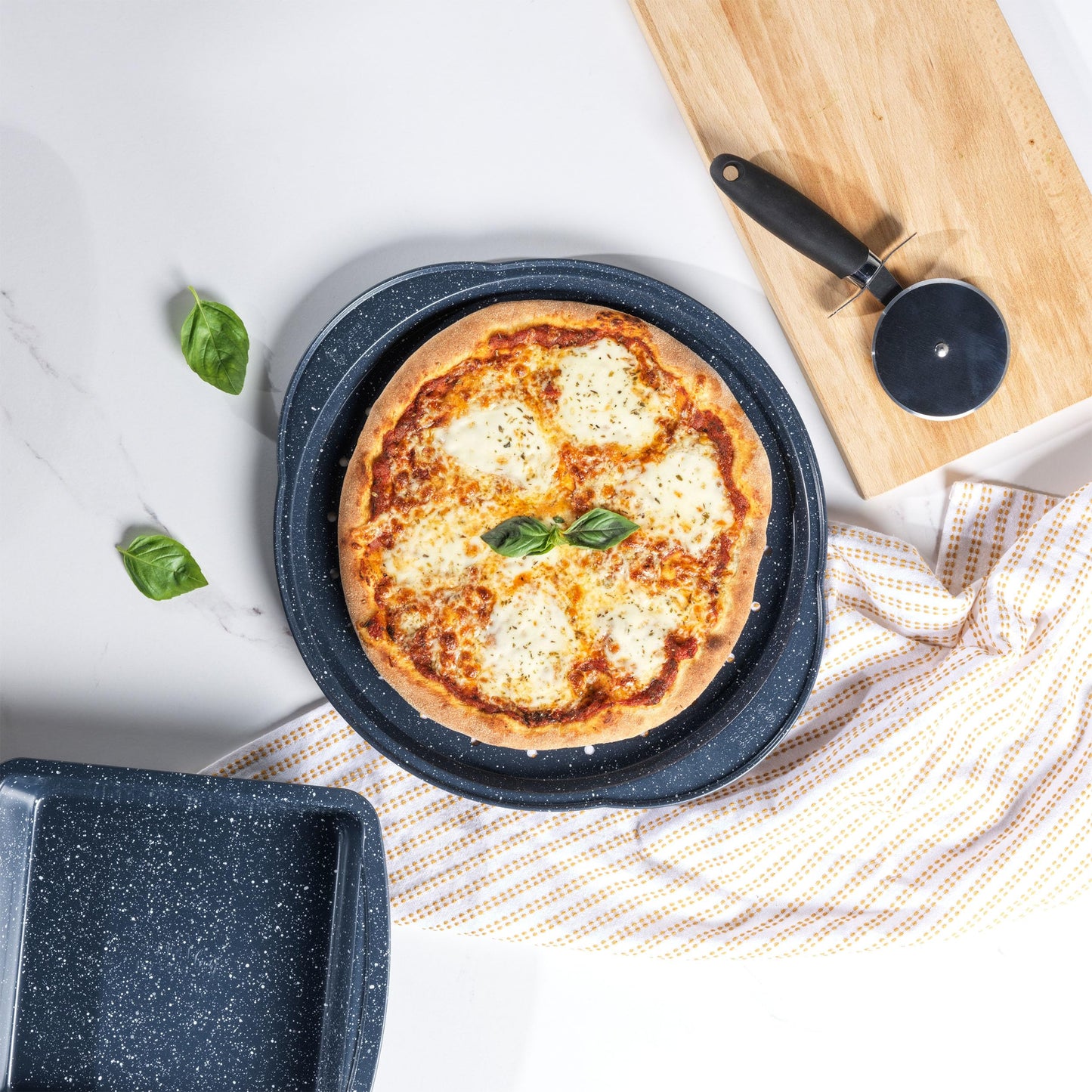 Russell Hobbs Nightfall Stone Set of 2 Large Pizza Trays - 14.5" Pizza Pans, Non-Stick Round Baking Trays, Carbon Steel, PFOA Free, Perforated Base for Crispy Cooking, Ideal for Pizza's, Garlic Bread