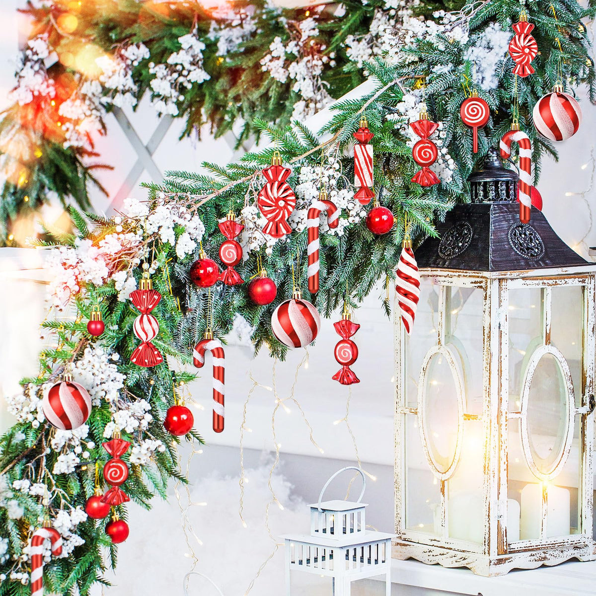 96 Pcs Christmas Tree Ornaments Candy Ball Ornaments Bulk Red and White Hanging Glitter Candy Cane Decorations Christmas Tree Peppermint Swirl Lollipop Decorations for Xmas Party Family Decor