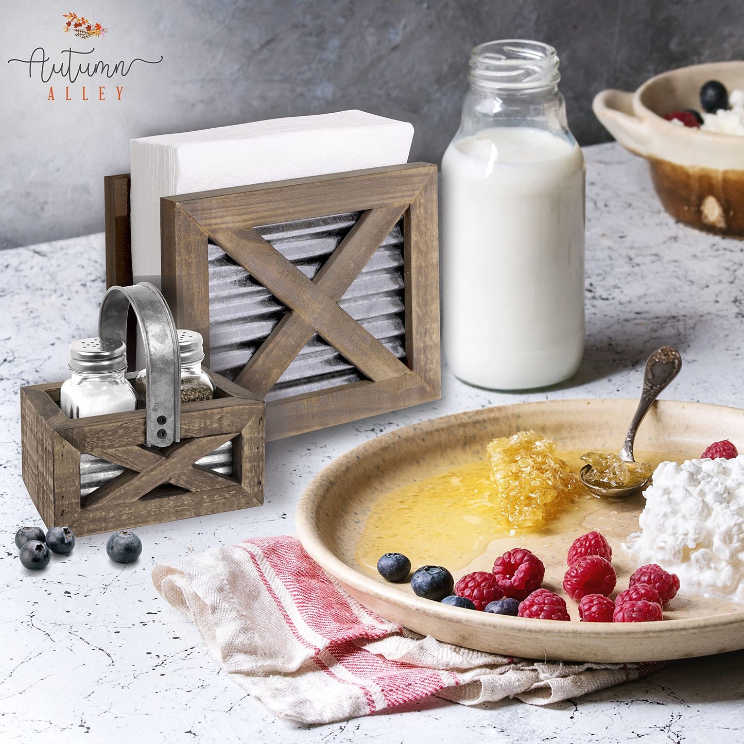 Autumn Alley Farmhouse Napkin Holder and Adorable Farmhouse Salt and Pepper Shakers Set With Wood Holder - Western Kitchen, Galvanized Metal - Upright Rustic Napkin Holder Rustic Kitchen Décor (Brown)