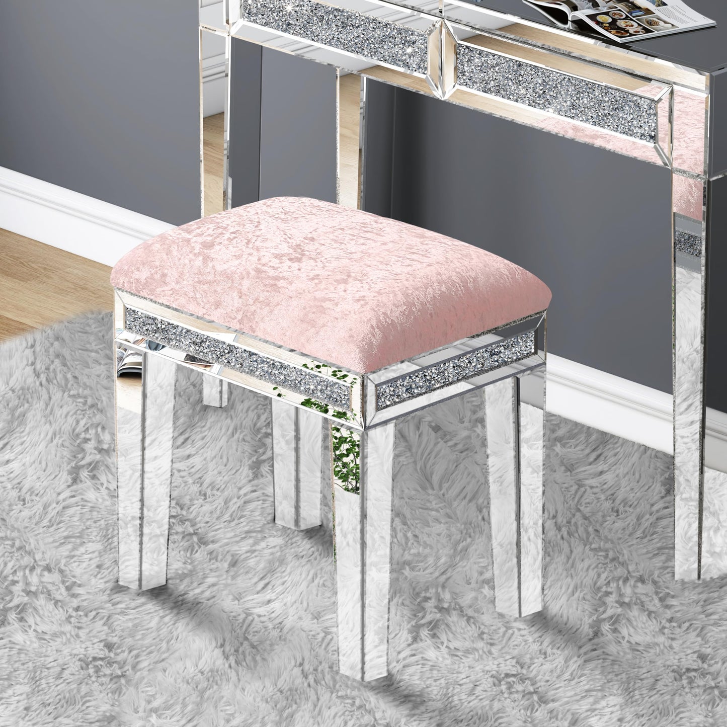blingworld Mirrored Vanity Stool with Crushed Diamond Inlay Velvet Cushion 19.7'' Tall Stylish Makeup Chair for Bedroom, Vanity Chair, Ottoman for Living Room