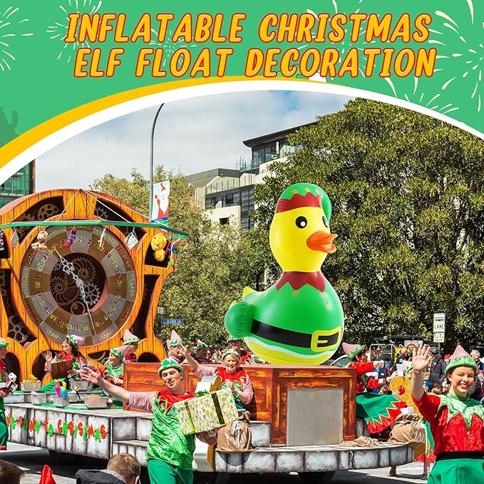 Hungdao 1 Pcs 4 Feet PVC Christmas Giant Inflatable Elf Duck Huge Rubber Large Blow up Duck Christmas Pool Floats for Xmas Holiday Indoor Outdoor Pool Decorations