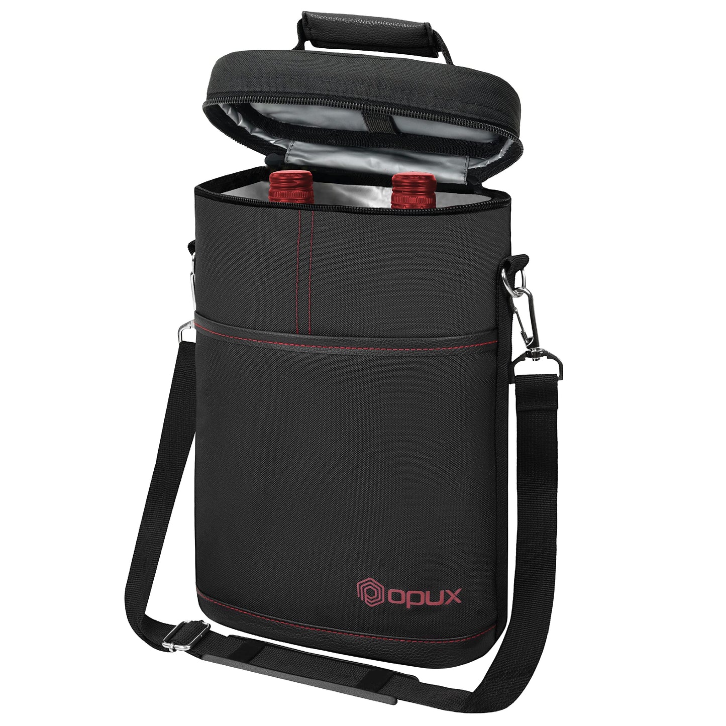 opux 2 Bottle Wine Carrier Tote, Insulated Leakproof Wine Cooler Bag, Wine Travel Bag Tote for Picnic BYOB Beach, Portable Wine Bottle Carrying Case, Gift for Wine Lover Women Men Christmas, Black
