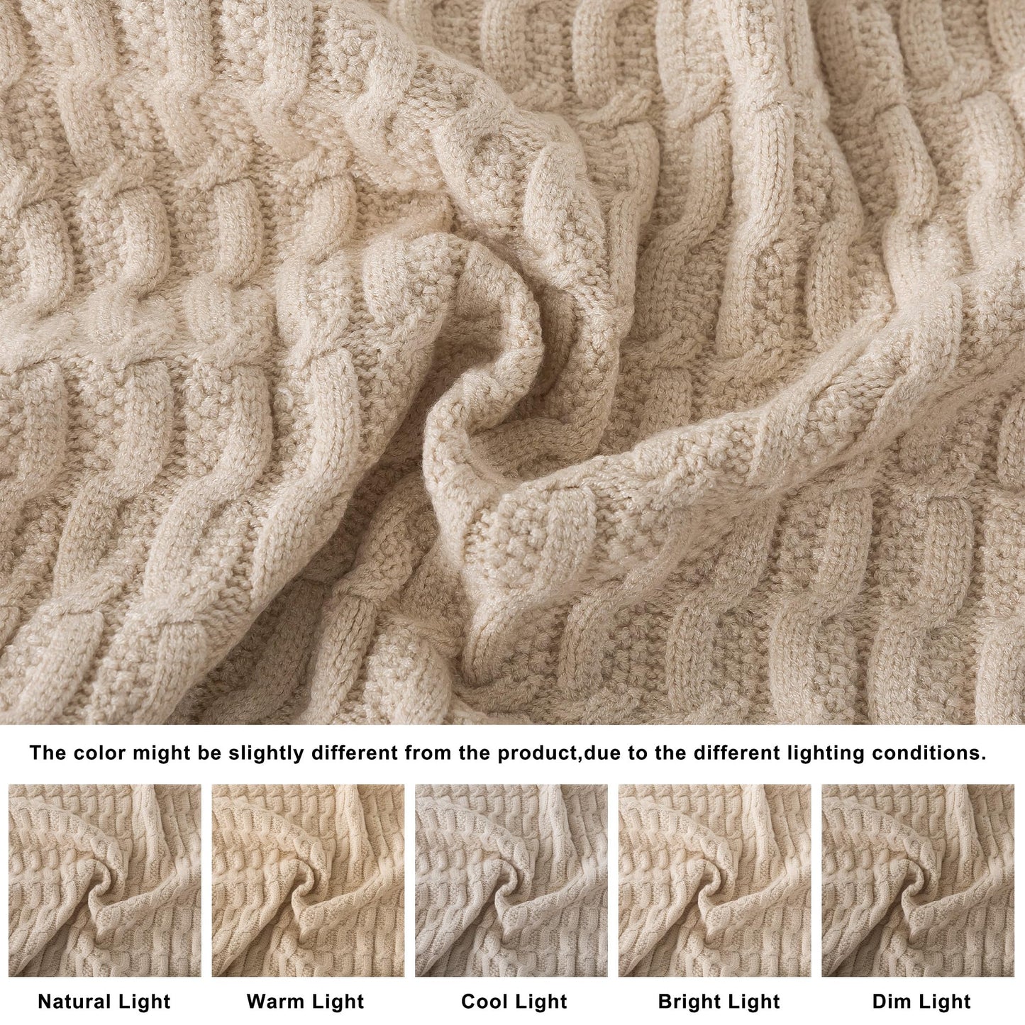 WDCOZY Cable Knit Throw Blanket – Super Soft, Warm & Lightweight Knitted Jacquard Throw Blanket for Couch, Sofa, Bed, Chair, Cozy Texture Farmhouse Decorative Home Blanket, Beige 50x60 inches