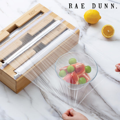Rae Dunn Bamboo Bag Organizer for Kitchen Drawer - Durable Wood Organizer for Kitchen Storage - Holds Gallon, Quart, Snack, Sandwich Size Baggies, Plastic Wrap and Foil