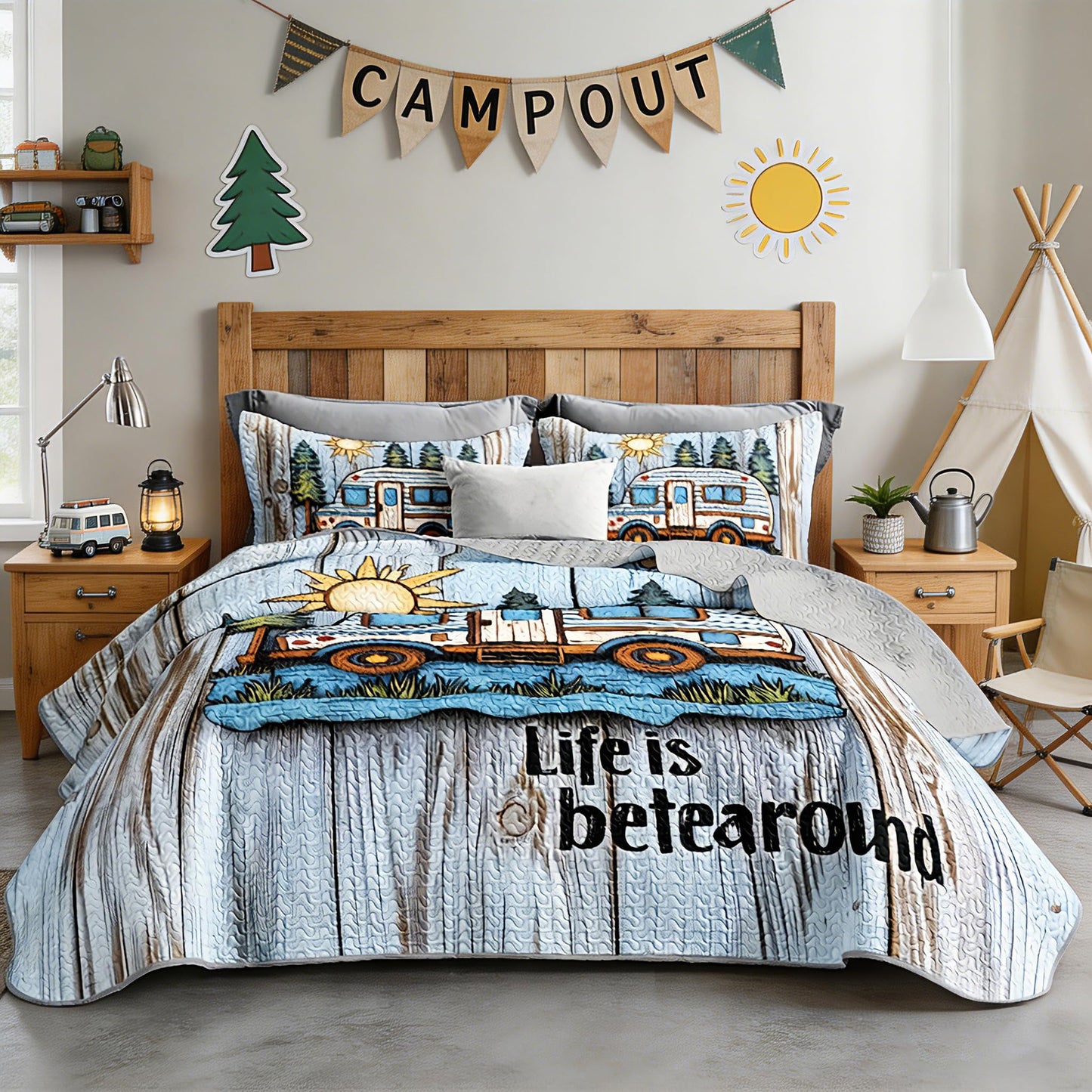 UEVBF Camping Travel Trailer Bedding Queen Quilts for Bed,Retro Bedding for Kids Boys Girls Happy Camper Decor,Outdoor Camping Themed Quilt Sets with 2 Pillowcases.