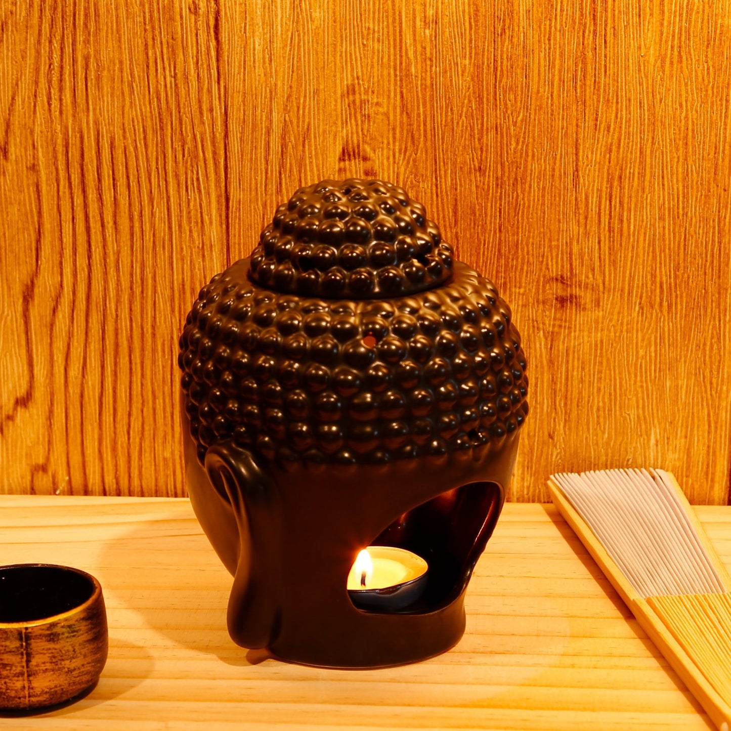 Omonic Porcelain Zen Garden Yoga Meditation Black Thai Buddha Head Statue Essential Oil Burner Home Decor (Black)