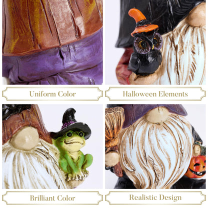 Valery Madelyn Gnomes Halloween Decorations Indoor, 3 Pcs Resin Gnome Decor for Home with Bat Witch Hat, Halloween Figurines Elf Dwarf with Broom Jack O Lantern for Table Tiered Tray Outdoor, 3.6"
