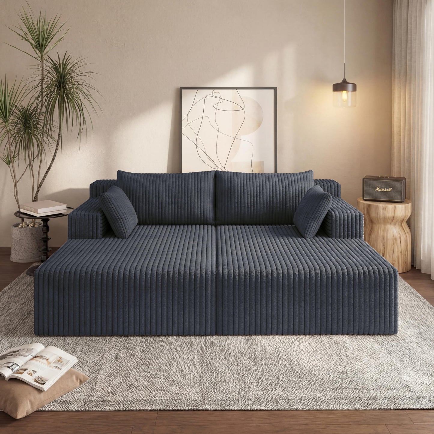 71-Inch Fluffy Corduroy Boneless Sleeper Daybed Loveseat Double Recliner Chaise Lounge Sofa Couches, Floor Cloud Sofa Chaise W/4 Pillows for Home Apartment Living Room