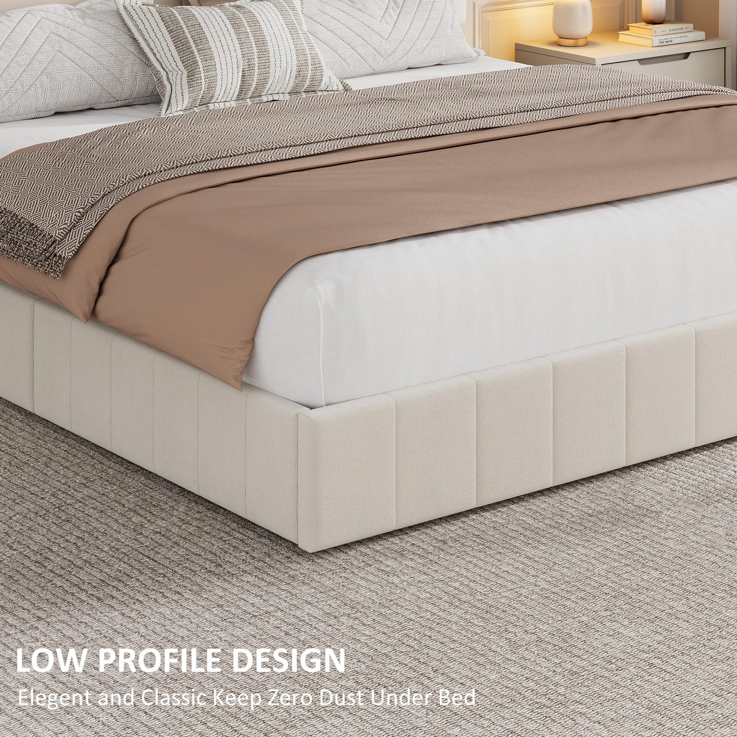 Garvee Queen Size Velvet Bed Frame with 4 Storage Drawers, Upholstered Platform Bed with Vertical Channel Tufted Adjustable Headboard, No Box Spring Needed, Easy Assembly, Beige