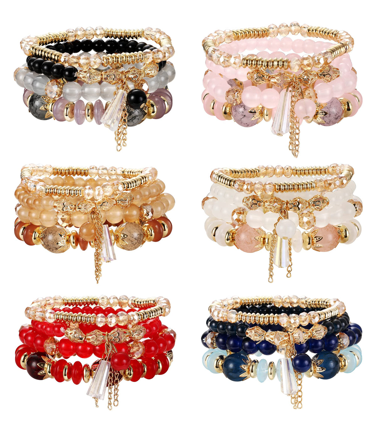 FIBO STEEL 6 Sets Bohemian Stackable Bead Bracelets for Women Stretch Multilayered Bracelet Set Multicolor Jewelry,Big Beads Elegant Style