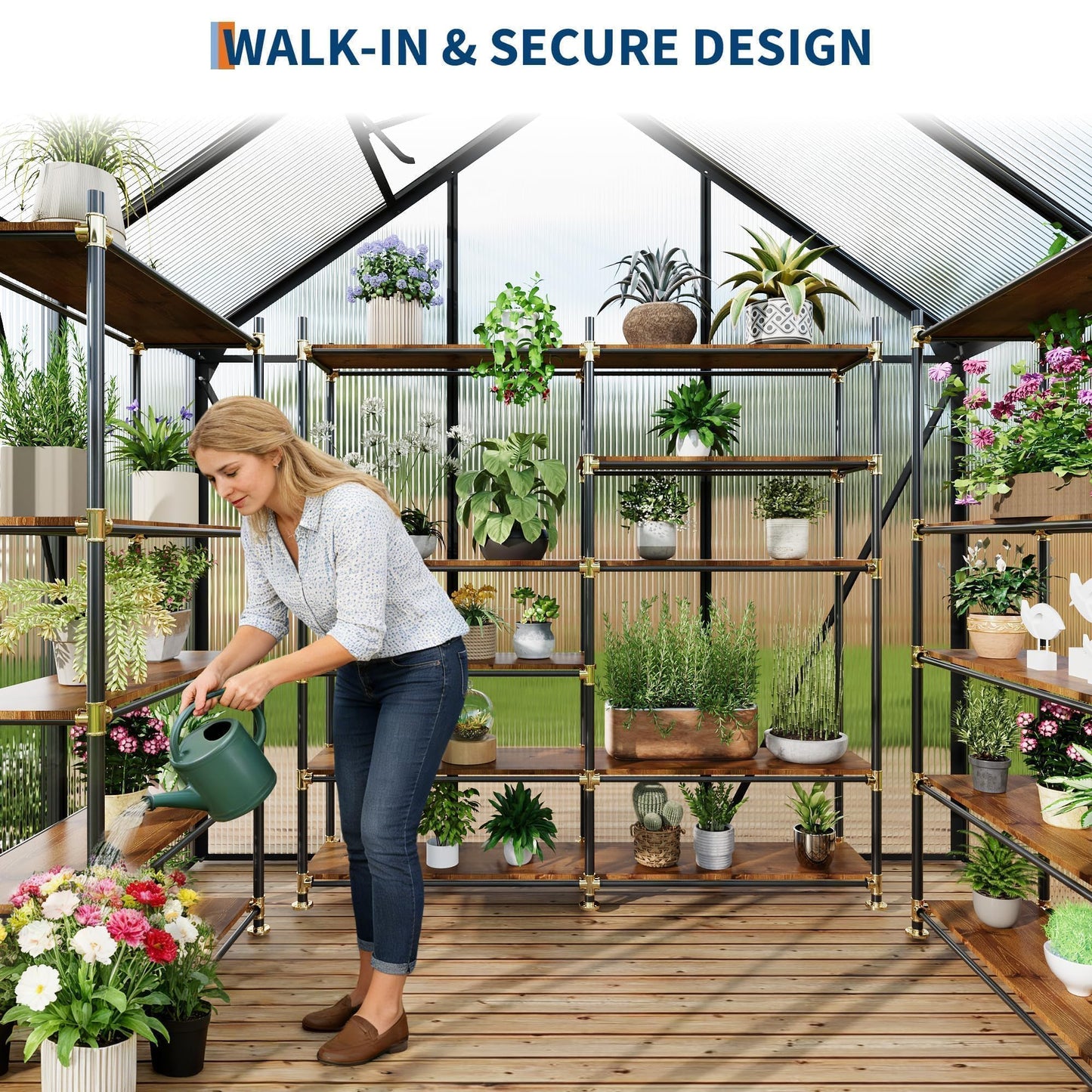 6x4FT Greenhouse for Outdoors, Walk-in Polycarbonate Greenhouse with Sliding Door, Adjustable Roof Vent & Gutter System, Portable Outdoor Green House Kit for Winter Gardening