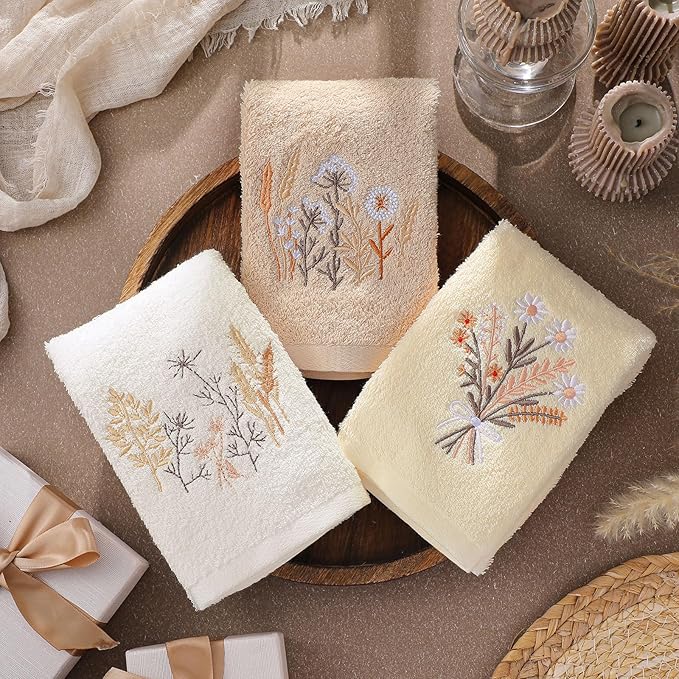 3 Pcs Boho Flowers Hand Towels Farmhouse Floral Brown Wildflowers Bathroom